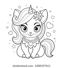 Beautiful cat unicorn. Black and white linear drawing. Fairy tale character. For children's coloring books, prints, posters, cards, stickers, and so on. Vector