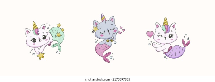 Beautiful cat unicorn mermaid cartoon vector illustrations for posters  T  shirt print  postcard  Cute collection fantastic creatures in hand drawn style