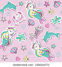 Beautiful cat unicorn mermaid on a pink background seamless pattern