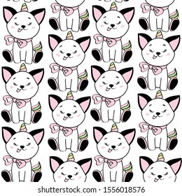 Beautiful cat unicorn seamless pattern on a white background