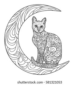 Beautiful cat. Vector illustration. Cat  sit on the moon. Doodle. Coloring book for adults. Black and white in zentangle style.  Anti stress.