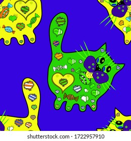 Buen gato. Vector. Sin inconvenientes. Fondo de corte para envolturas y papel pintado, diseño de tela, papel. Patrón de colores verdes, amarillos y azules. Crítica, boceto, garabato.