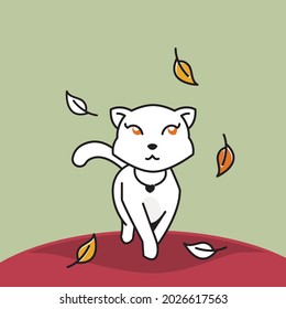 Beautiful Cat Walking Autumn Fall Leaves Season Cartoon