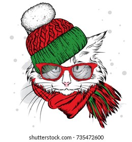 A beautiful cat in a winter hat and scarf. Cute kitten. Vector illustration for a postcard, poster, print for clothes or accessories. New Year's and Christmas.