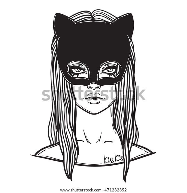 カーニバルの仮面をつけた美しい猫の女性 黒猫の仮面にゴシック色の女の子 線形イラスト 潜在イラスト のベクター画像素材 ロイヤリティフリー