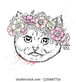 A beautiful cat in a wreath of wild rose. Vector illustration for postcard or poster, print for clothes. Spring and summer, a bouquet of flowers. Vintage and retro. Hipster.