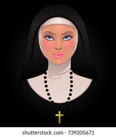 Beautiful catholic nun with a cross. Vector illustration of a praying christian woman isolated on black. Spirituality, religion, Christianity, Catholicism. 