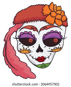 Beautiful Catrina skull wearing a fancy bandana with feather and marigold flower, ready to celebrate the Mexican Day of the Dead.