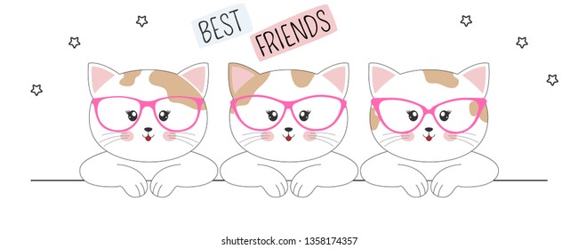 Beautiful cats best friends in glasses white background. Contour silhouette. Modern kids graphics for t-shirts. Greeting card. Vector illustration.