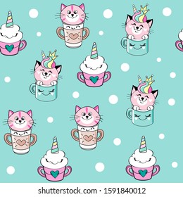 Beautiful cats in cups and cakes in kawaii style on a blue background seamless pattern for kids