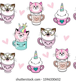 Beautiful cats in cups and cakes in kawaii style on a white background seamless pattern for kids