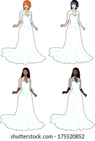 Beautiful caucasian asian latin and african woman in traditional white wedding dress isolated cartoon illustrations