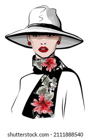 Beautiful caucasian fashion model posing with hat and scarf against white background - vector illustration (Ideal for printing on fabric or paper, poster or wallpaper, house decoration) 