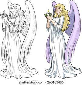 Beautiful Caucasian female angel with candle vector illustration full figure colored and lineart
