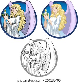 Beautiful Caucasian female angel with candle vector illustration set cartoon colored and lineart