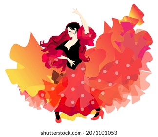 A beautiful Caucasian girl dressed in a traditional Spanish dress is dancing flamenco with a bright mantone soaring up like a bird.