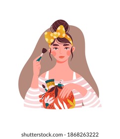 Beautiful caucasian girl with yellow bow-knot and bag full of cosmetics doing makeup. Concept of beauty industry and face care routine. Flat cartoon vector illustration