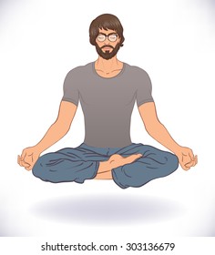 Beautiful Caucasian Man levitating sitting in Lotus pose isolated on background. Vector illustration. Spa consent, yoga studio, or natural medicine clinic. 