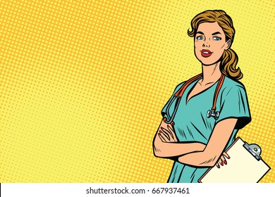 Beautiful Caucasian nurse with stethoscope. Medicine and health care. Pop art retro vector illustration
