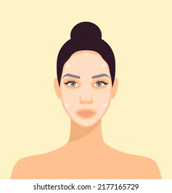 Beautiful caucasian woman with facial sheet mask on her face. Daily skin care routine. Flat vector illustration