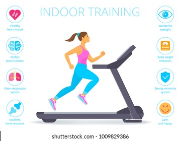 Beautiful caucasian woman is running on the treadmill. Flat vector illustration of athletic young girl in the sportswear doing exercises on the treadmill. Indoor fitness concept isolated on white.