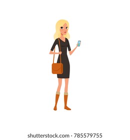 Beautiful caucasian woman with smartphone in hand. Cartoon blonde girl character wearing black dress, brown boots and bag on shoulder. Isolated flat vector design