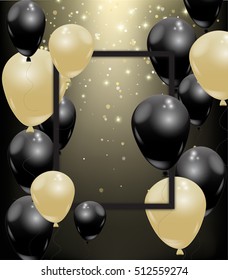 Beautiful celebration background. Vector realistic balloons in trendy gold and black colors, golden sparkles, confetti over dark gray frame. Flyer party invitation concept, template.