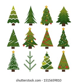 Beautiful celebration christmas trees set vector illustration. Colorful cartoon decorated xmas pines. New Years fir-tree with garland, bright toys, snowflakes, serpentine flat style. Isolated on white