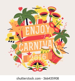 Beautiful celebration party carnival or masquerade design element with palms, horns, masks, drums, music notes and more. Place for text. Ideal for seasonal event poster, web banner or invitation