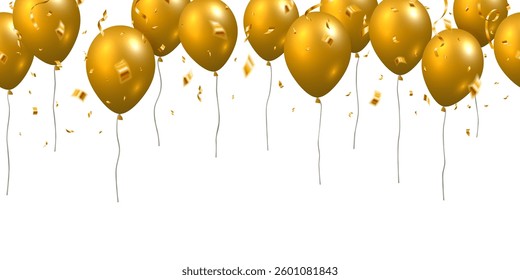 Beautiful celebration party seamless vector with golden falling confetti and flying balloons on white background.