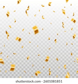 Beautiful celebration party seamless vector pattern with golden falling confetti on transparent background.