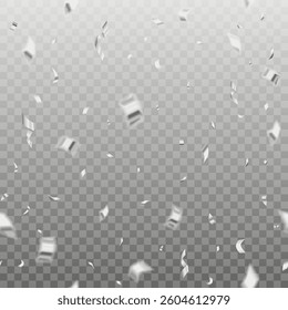 Beautiful celebration party seamless vector pattern with silver falling confetti on transparent background.