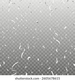 Beautiful celebration party seamless vector pattern with silver falling confetti on transparent background.