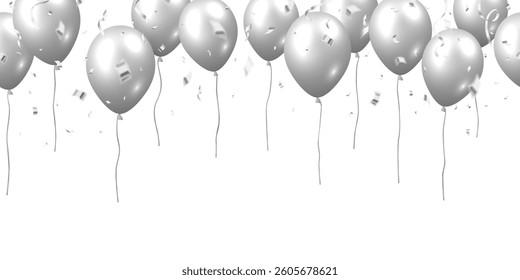 Beautiful celebration party seamless vector with silver falling confetti and flying balloons on white background.
