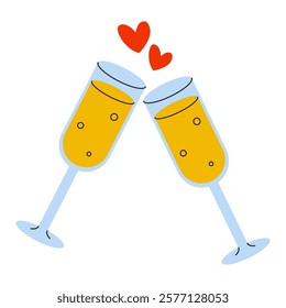 A Beautiful Celebration Toast with Elegant Champagne Glasses and Adorable Hearts