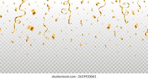 Linda celebração widescreen vetor festa sem emenda com confete dourado caindo e fitas em fundo transparente.
