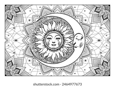 Beautiful celestial coloring book for adults, mandala with sun and moon ornate, vector horoscope banner, print for vintage decor. Modern illustration.