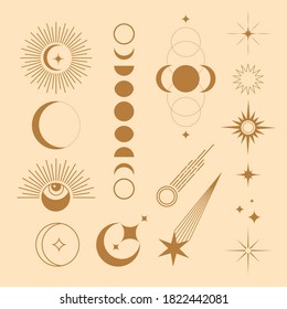 Beautiful celestial elements. Boho magic set with golden space elements stars, crescent, moon. Vector tattoo.