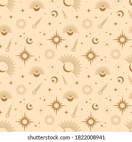 Beautiful celestial seamless pattern. Boho magic background with golden space elements stars, crescent, moon. Vector doodle texture.