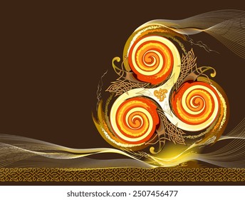 Beautiful Celtic background. Triple trickle symbol with golden light. Luxury ornate gold ornament. Print for greeting card, poster, mural wallpaper, banner, decoration. Vector illustration.