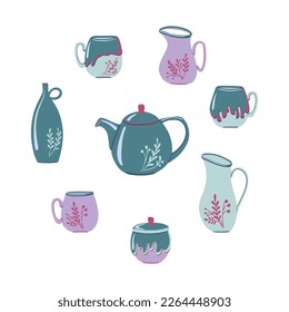 Beautiful ceramic tea set. Porcelain crockery.  Colorful tableware icon set. Hand drawn flat style vector illustrations.