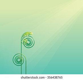 Beautiful chameleon lizard standing on a tall abstract spiral plant on a sunlight rays. Modern contemporary minimalistic vector illustration wallpaper.