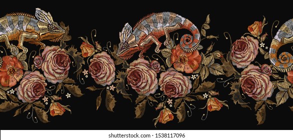 Beautiful chameleons and red roses horizontal seamless pattern. Embroidery. Junlge art. Tropical summer concept. Fashionable template for clothes, t-shirt design 