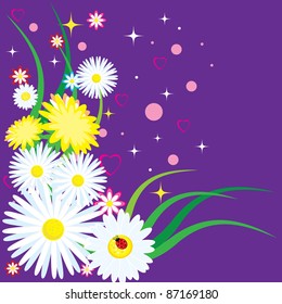 Beautiful chamomiles with ladybug. Illustration on purple background