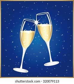 Beautiful champagne toast on a starry night. Vector illustration. 