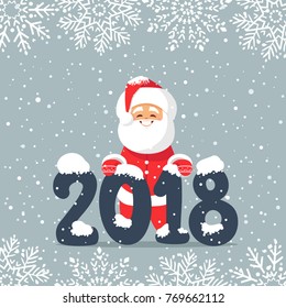 Beautiful character cute and funny Santa Claus with text 2018. Holidays stylish poster. Vector illustration. Christmas and new year greeting card