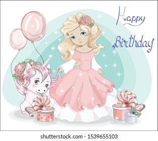 beautiful, charmin. blonde little princess, with long hair in pink ball dress and unicorn. 
Picture in hand drawing style, for Happy birthday greeting card.