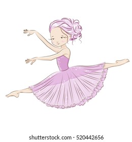 Beautiful and charming ballerina fulfills ballet pas. She is dancing in light, beautiful pink dress. Hand drawn illustration on white background.