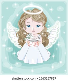 beautiful, charming little baby angel, in white dress with gift. Picture in hand drawing cartoon cute style, for Christmas and New year. Holiday Greeting card. postcard. party invitation.
