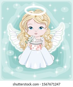 beautiful, charming little baby angel, in white dress with gift. Picture in hand drawing cartoon cute style, for Christmas and New year. Holiday Greeting card. postcard. party invitation.